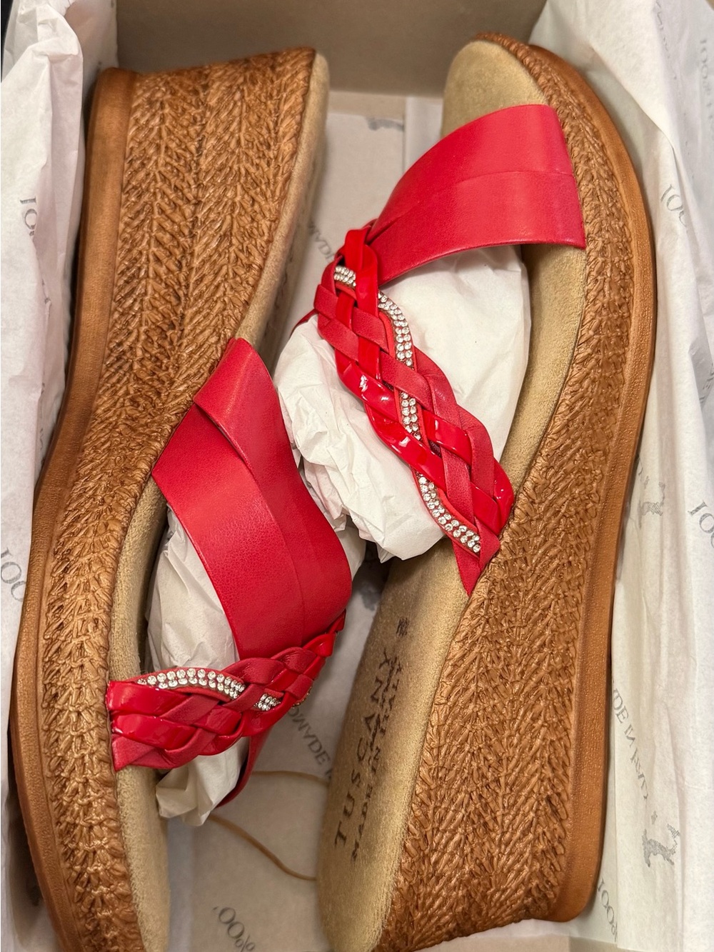 Red Braided Wedge Sandals with Rhinestone Trim - Women-New